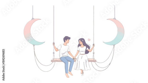 Couple's Sweet Embrace on a Swing: A couple on a swing suspended amidst a backdrop of celestial elements, symbolizing the beginning of love. a tender embrace.