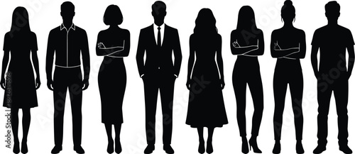 Diverse people silhouettes, men and women standing in various poses, modern fashion and professional figures, vector character set for design, branding, presentations and illustration projects