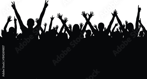 Excited crowd silhouette with raised hands at concert, music festival, party, or celebration event representing energy, unity, and entertainment.