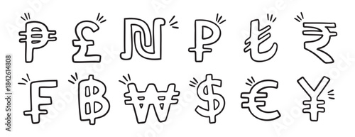 currency hand drawn doodle symbol set. Outline drawing different currency stroke line clipart symbol collection