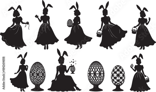 Easter bunny women silhouettes, vintage dress poses, decorated eggs, basket holding, festive celebration, black figures, spring theme, holiday art, whimsical, elegant, seasonal