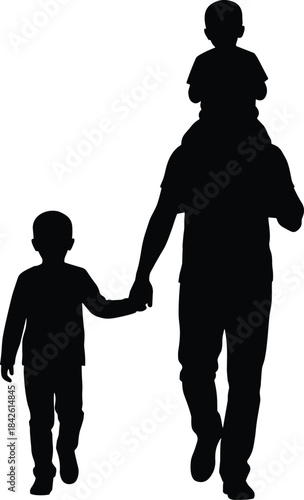 Family silhouette illustration, father walking with two children, parent holding son’s hand and carrying younger child, heartwarming family moment vector for design, storytelling and lifestyle themes