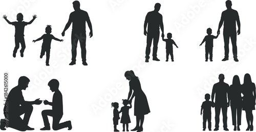Family silhouettes showing parenting, guidance, emotional bonding, caregiving, interaction, black figures, lifestyle concept, isolated, children, adults, white background