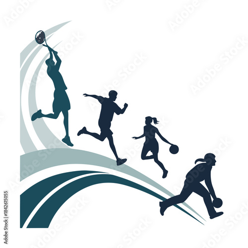 Colorful silhouettes of athletes performing tennis, running, basketball, bowling