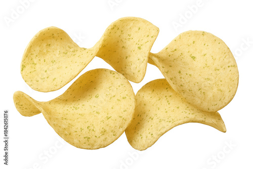 Potato chips with sour cream and onion seasoning on a transparent background. Crispy savory snack for parties or casual eating