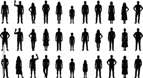 Large collection of diverse people silhouettes, adults and children in various standing and waving poses, versatile vector human figures for design, illustration and presentation projects