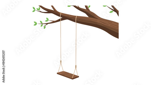 Swing Under the Tree Branch: A nostalgic scene of a simple swing hanging from a sturdy tree branch with new green leaves, offering a timeless invitation to playful relaxation and childhood memories.
