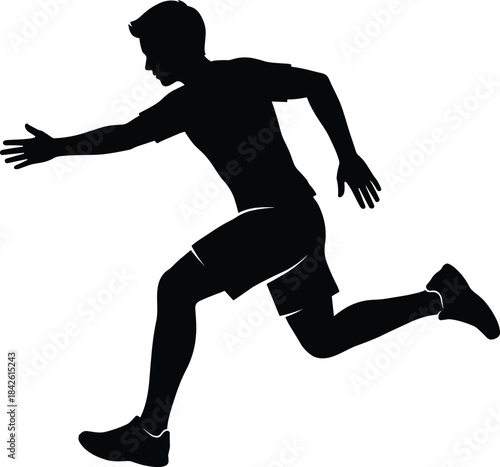 Running athlete silhouette illustration showing a male sprinter in dynamic forward motion, ideal for sports, fitness, training, movement concepts, vector design and energetic branding
