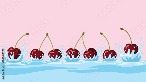 A row of cherries falling into water with splashes on a pink background