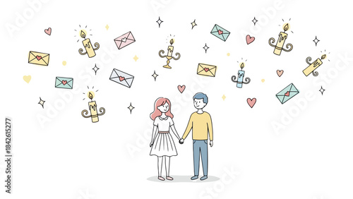 Everlasting Bond: Two figures stand hand-in-hand beneath a cascade of charming elements, whispering of enduring love. Envelopes and candles cast a warm, dreamy glow.