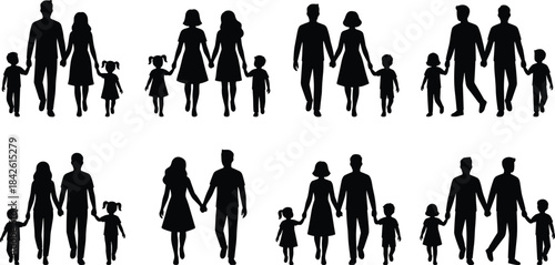 Silhouette collection of families walking together holding hands, featuring parents and children in various poses for family illustration, community design, and lifestyle concepts