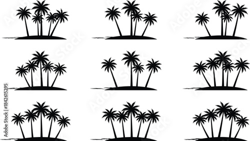 Set of tropical palm tree island silhouettes for beach, summer, and vacation themes, ideal for travel graphics, nature designs, tropical landscapes, and decorative vector projects