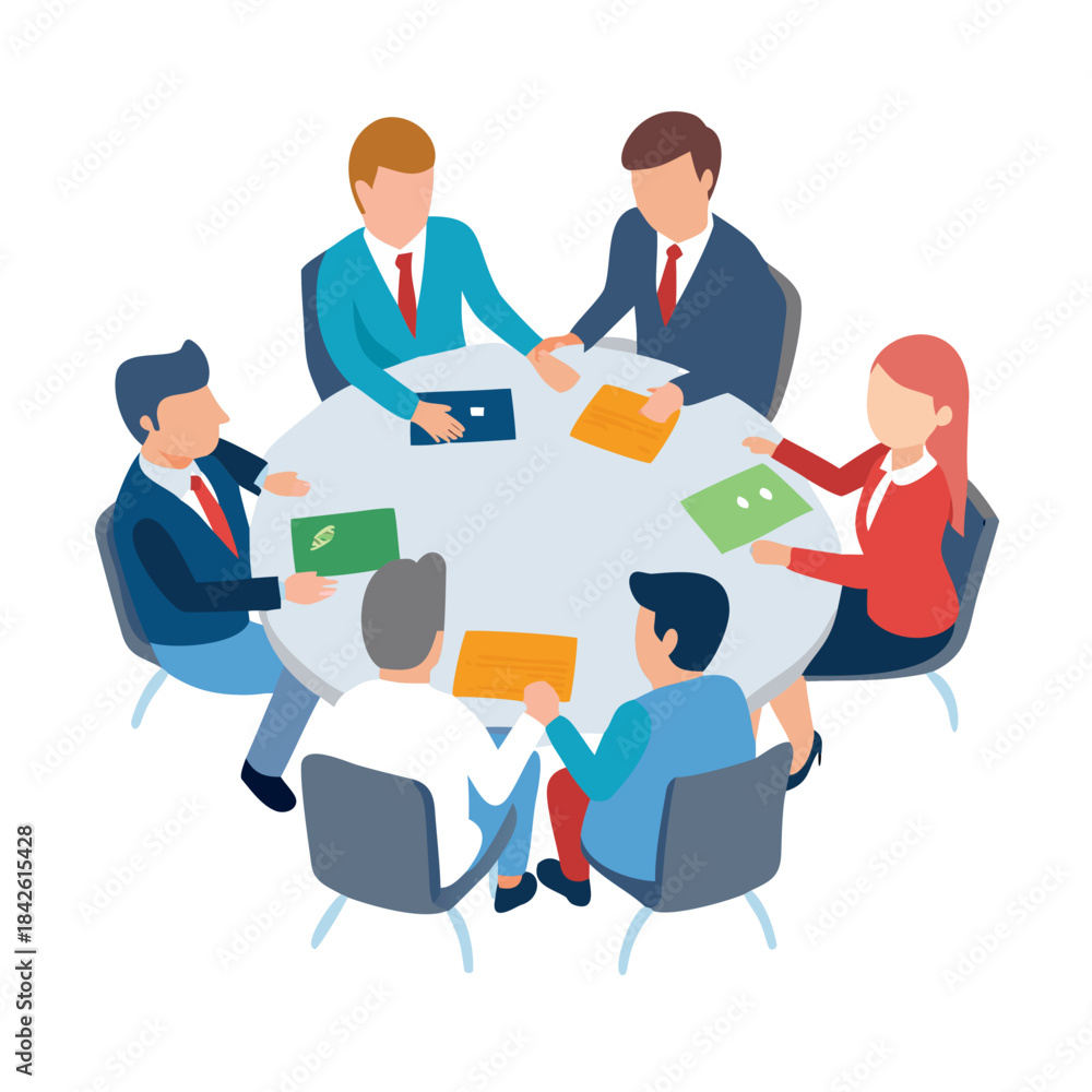 Obraz premium Meeting with five professionals discussing strategies at round table, flat vector corporate teamwork concept illustration