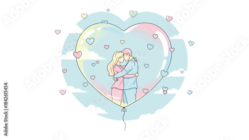 Embracing Eternity: A tender embrace in a heart-shaped embrace, surrounded by delicate hearts and a soft pastel sky, evokes feelings of love and affection. 