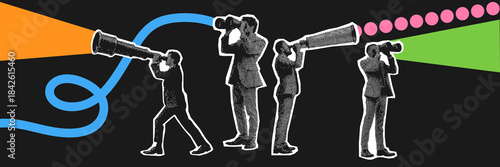Business professionals using telescopes to search for opportunities in career growth recruitment and future vision