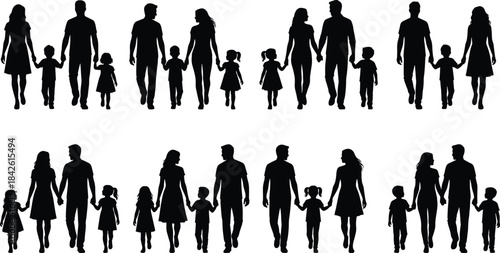 Silhouette illustration of families walking together holding hands, featuring parents and children in multiple poses for community, parenting, lifestyle, and family-themed design concepts