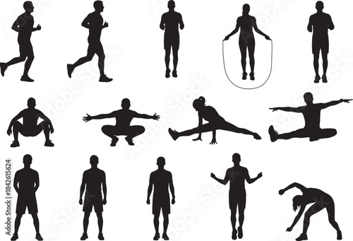 Fitness exercise silhouette set, workout poses, physical training, active lifestyle, gym movement, body strength, health activity, black figures, sports 