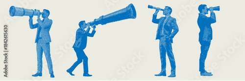 Business professionals using telescopes to search for opportunities in career growth recruitment and future vision