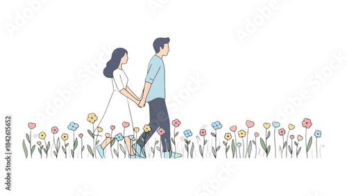 Eternal Walk of Love: A couple, hand in hand, strolls through a vibrant field of flowers, embodying the simplicity and beauty of love's journey, filled with hope and tranquility.