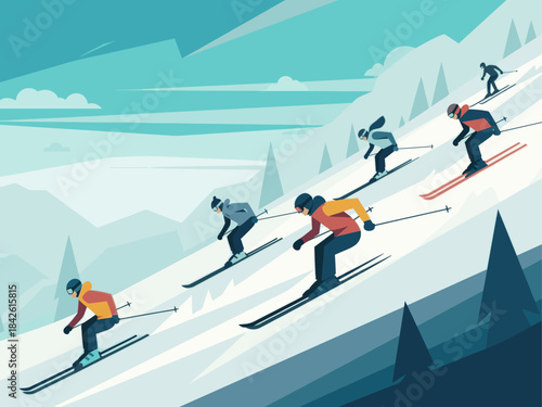 Group Skiing Down Snowy Mountain Illustration