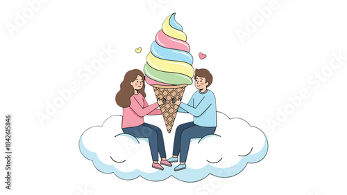 Sweet Embrace: A charming couple shares a delightful moment as they hold a towering, vibrant ice cream cone, symbolizing shared joy and sweetness of love, sitting upon a soft cloud.