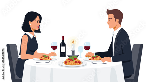 Couple enjoying a romantic dinner for two at a restaurant with wine and food on a white tablecloth
