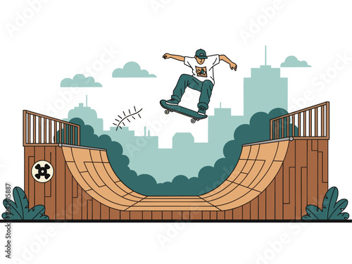 Skateboard Trick at Wood Ramp Illustration