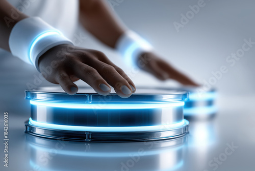 Person interacts with glowing control device in a bright setting