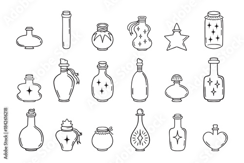 Magic flasks, bottles and jars doodle hand drawn icon set. Outline drawing line clipart symbol collection