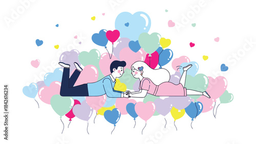 Love's Aerial Embrace: A couple, intertwined in a moment of pure romance, floats amidst a whimsical sky of pastel-colored balloons, symbolizing a journey filled with love and shared dreams.