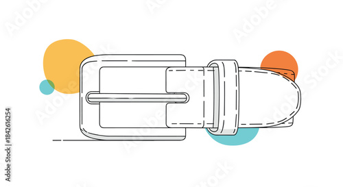Minimalist line art illustration of a classic leather belt and metal buckle, with abstract colorful circles creating a modern stylish background.