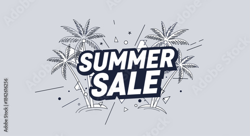 Modern and stylish 'Summer Sale' promotional banner with bold typography, line art palm trees, and abstract geometric shapes.