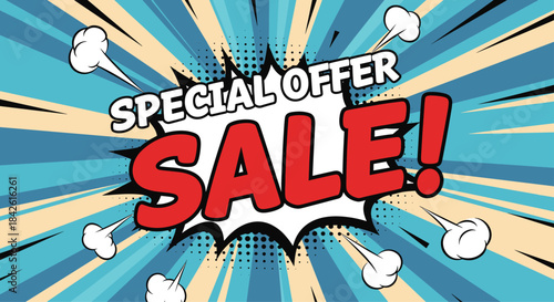 Pop art comic book style 'Special Offer Sale!' banner with explosive background effects, a speech bubble, and vibrant retro colors.