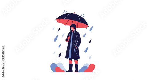 Person in a hooded raincoat and boots standing under a large umbrella during a downpour, illustrated in a modern flat vector style.