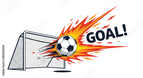 Dynamic illustration of a flaming soccer ball scoring a goal in a net, with explosive action lines and the word 'GOAL!' in a comic style.