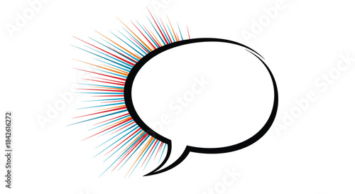 Classic comic book style empty speech bubble with a thick black outline and colorful radial lines creating a dynamic burst effect.