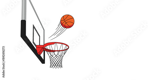 Clean and simple illustration of a basketball with motion lines arcing towards the hoop, about to score a perfect basket on a white background.