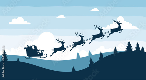 Monochromatic blue silhouette of Santa's sleigh flying over a serene, snow-covered forest and hills during a winter Christmas night.