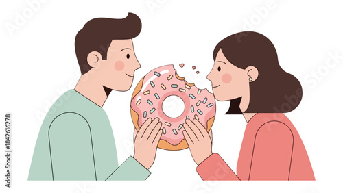 Sweet Moment: A couple shares a pink frosted donut in a scene of shared joy and indulgence, capturing a sweet connection.