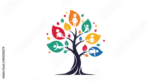 Abstract tree of life logo with colorful leaves containing icons of children, symbolizing growth, diversity, community, and family support.