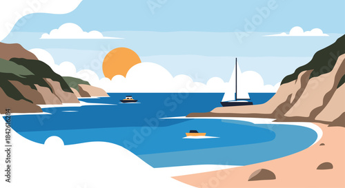 Scenic coastal landscape illustration of a tranquil bay with sailboats and motorboats on the water during a beautiful sunrise or sunset.