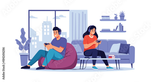 Young couple wearing headphones and playing video games together in a modern living room, enjoying their leisure time and shared hobby.