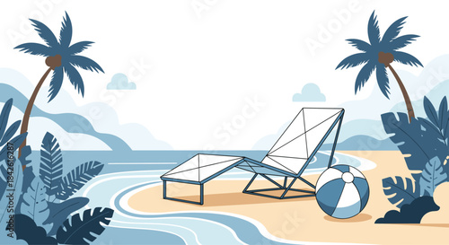 Tranquil tropical beach scene with a lounge chair and beach ball on the sand next to the ocean, framed by palm trees for a perfect vacation.