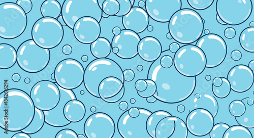 Seamless pattern background of shiny, transparent soap bubbles of various sizes floating on a light blue backdrop, creating a playful mood.