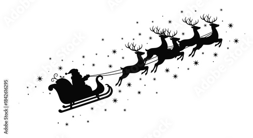 Classic Christmas silhouette of Santa Claus and his reindeer team pulling a sleigh through a magical snowy sky on a festive night.