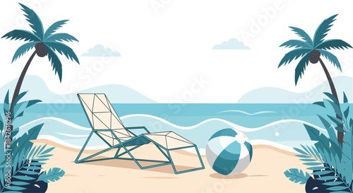 Serene tropical beach paradise with a deck chair and ball on the sand, offering a perfect summer vacation getaway by the calm ocean.