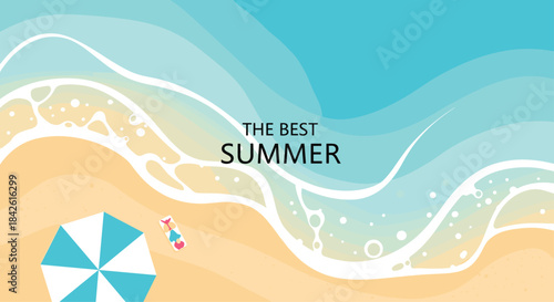 Aerial top view of a beautiful sandy beach with a person relaxing under an umbrella, with 'The Best Summer' text over the ocean.