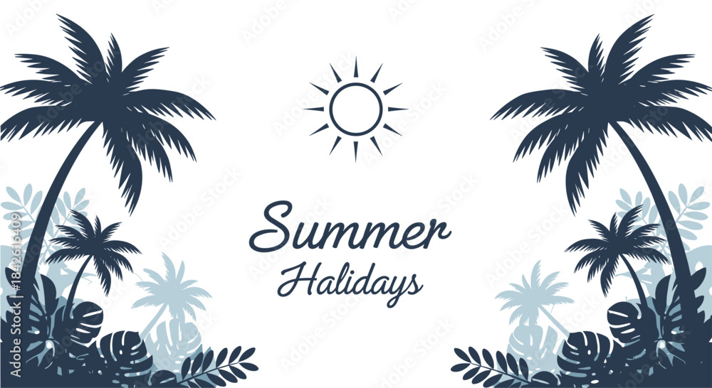 Fototapeta premium Elegant 'Summer Holidays' greeting card design with dark blue silhouettes of tropical palm trees and a simple sun icon on white background.