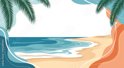 Beautiful summer beach background with tropical palm leaves framing a view of the ocean waves and sandy shore for a vacation theme.