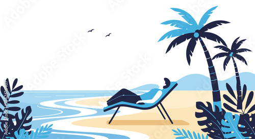 Woman relaxing in a lounge chair on a tranquil tropical beach with palm trees and a calm ocean, enjoying her peaceful summer vacation.